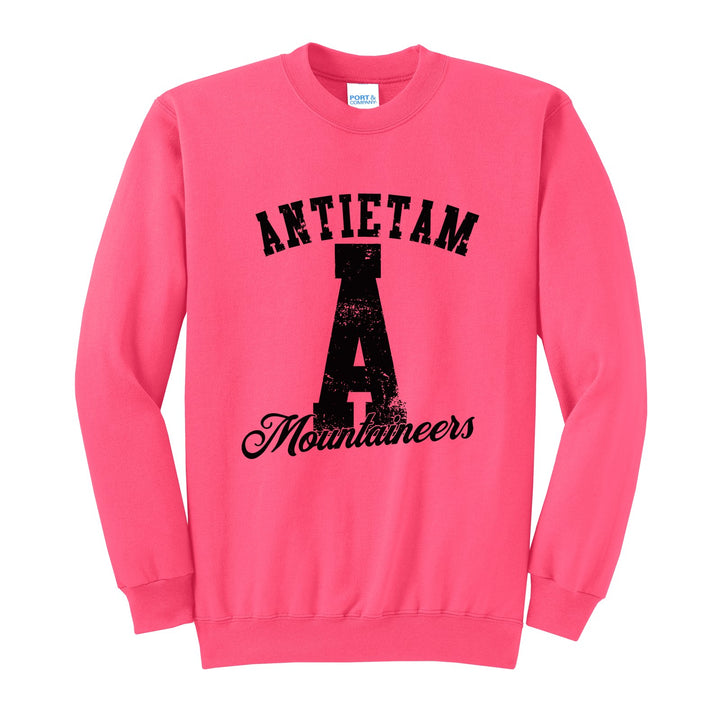 Antietam Mountaineers A Monogram crewneck sweatshirt in Neon Pink: ANTIETAM arched over a distressed varsity A with Mountaineers script