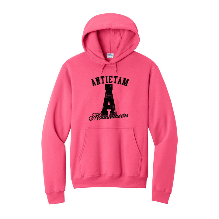 Antietam Mountaineers A Monogram hoodie in Neon Pink: ANTIETAM arched over a distressed varsity A with Mountaineers script