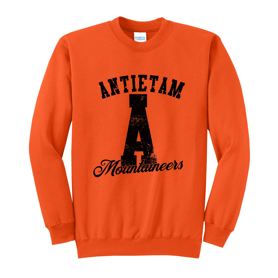 Antietam Mountaineers A Monogram crewneck sweatshirt in Orange: ANTIETAM arched over a distressed varsity A with Mountaineers script