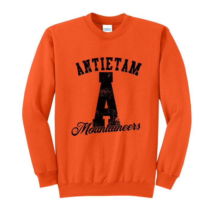 Antietam Mountaineers A Monogram crewneck sweatshirt in Orange: ANTIETAM arched over a distressed varsity A with Mountaineers script