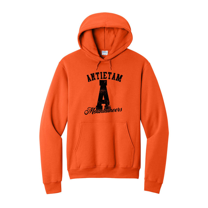 Antietam Mountaineers A Monogram hoodie in Orange: ANTIETAM arched over a distressed varsity A with Mountaineers script