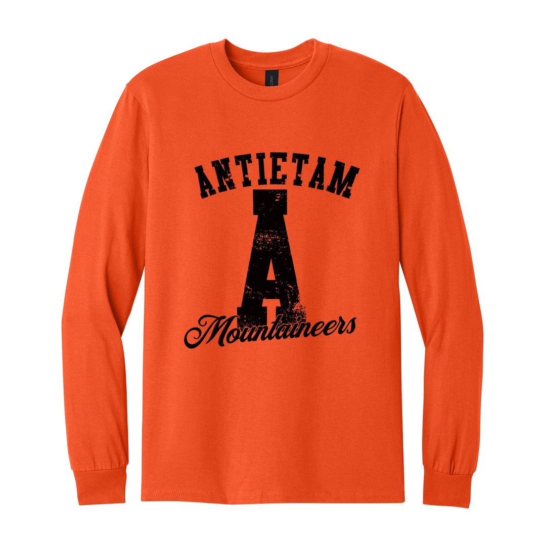 Antietam Mountaineers A Monogram long sleeve t-shirt in Orange: ANTIETAM arched over a distressed varsity A with Mountaineers script