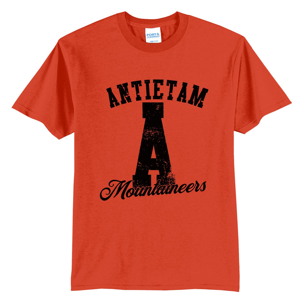 Antietam Mountaineers A Monogram t-shirt in Orange: ANTIETAM arched over a distressed varsity A with Mountaineers script