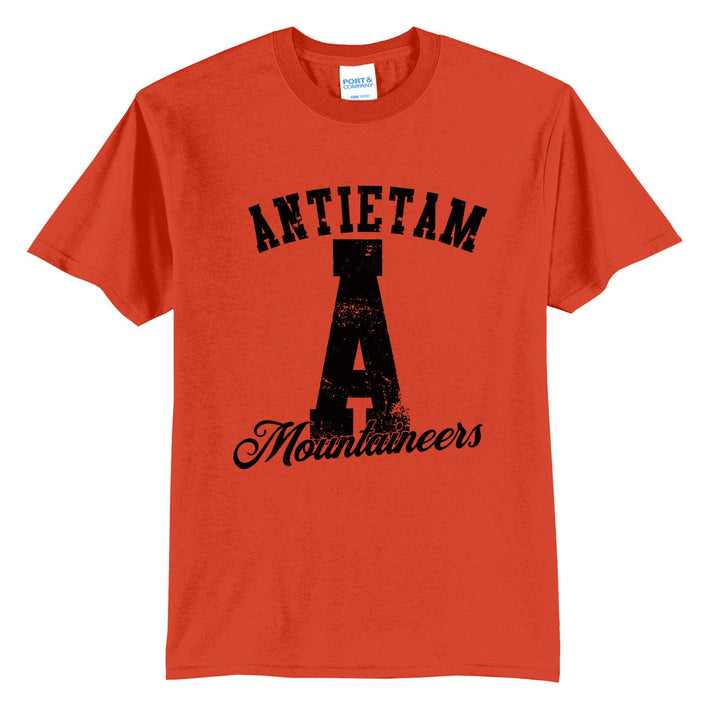 Antietam Mountaineers A Monogram t-shirt in Orange: ANTIETAM arched over a distressed varsity A with Mountaineers script