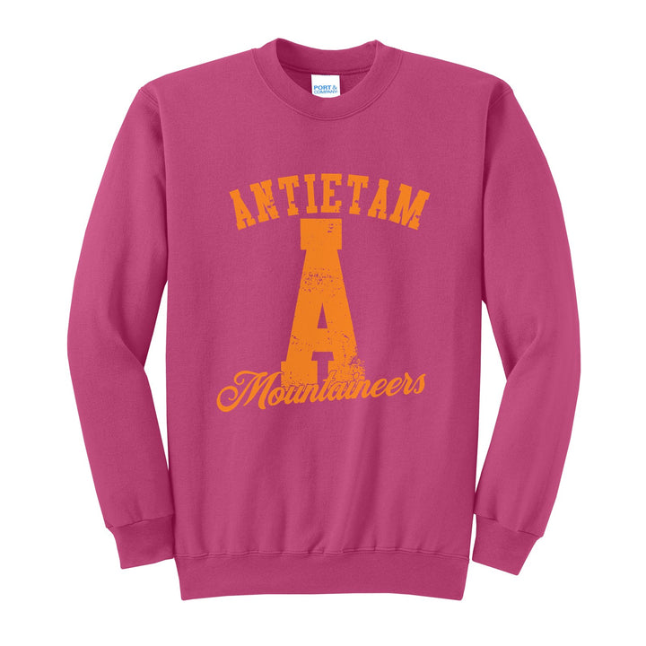 Antietam Mountaineers A Monogram crewneck sweatshirt in Sangria: ANTIETAM arched over a distressed varsity A with Mountaineers script