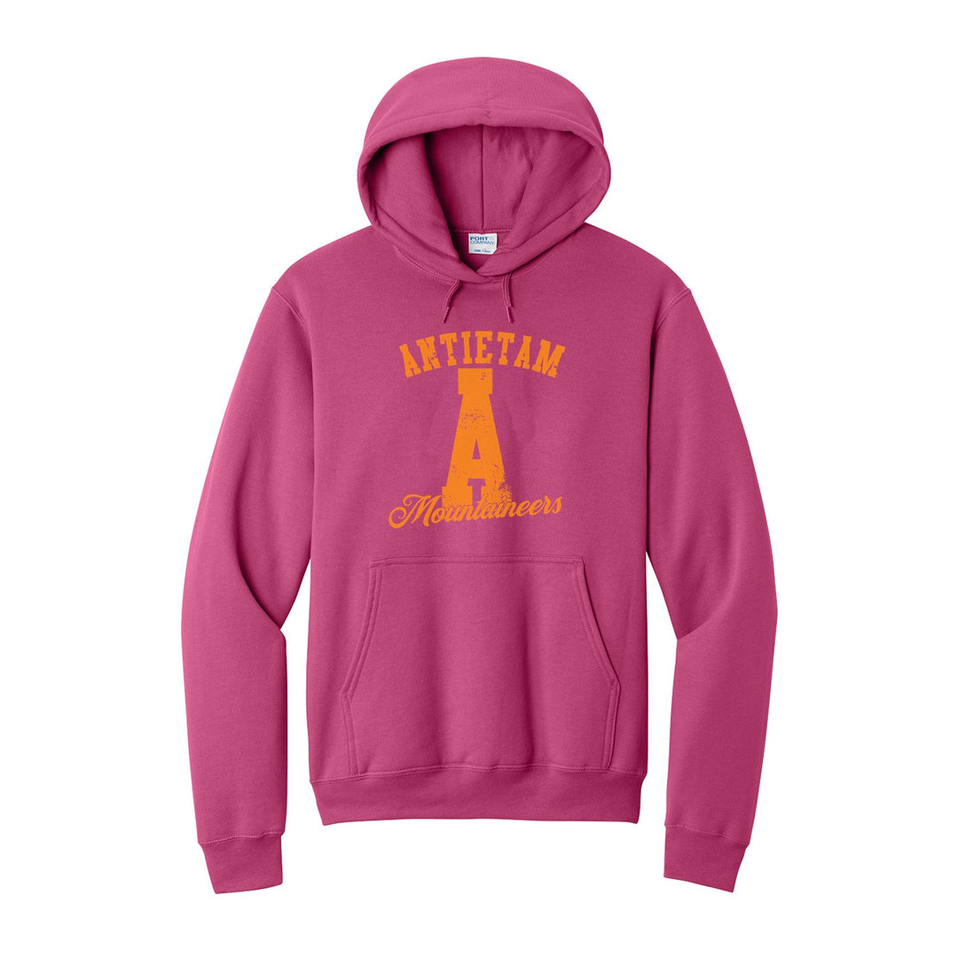Antietam Mountaineers A Monogram hoodie in Sangria: ANTIETAM arched over a distressed varsity A with Mountaineers script