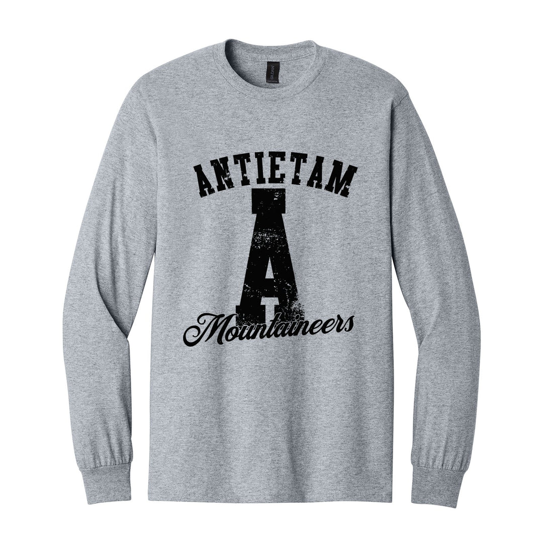 Antietam Mountaineers A Monogram long sleeve t-shirt in Sport Grey: ANTIETAM arched over a distressed varsity A with Mountaineers script