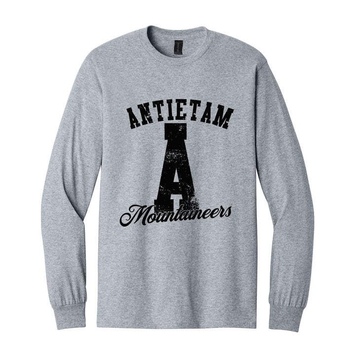 Antietam Mountaineers A Monogram long sleeve t-shirt in Sport Grey: ANTIETAM arched over a distressed varsity A with Mountaineers script