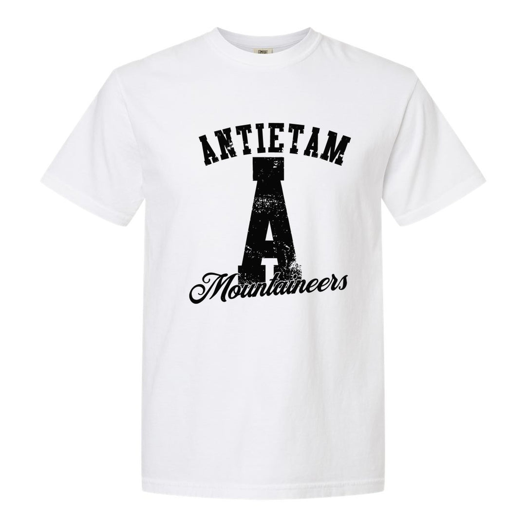 Antietam Mountaineers A Monogram comfort colors t-shirt in White: ANTIETAM arched over a distressed varsity A with Mountaineers script