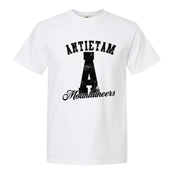 Antietam Mountaineers A Monogram comfort colors t-shirt in White: ANTIETAM arched over a distressed varsity A with Mountaineers script