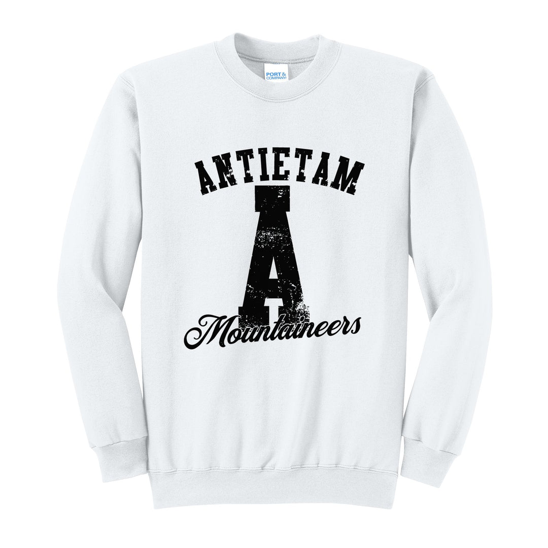 Antietam Mountaineers A Monogram crewneck sweatshirt in White: ANTIETAM arched over a distressed varsity A with Mountaineers script