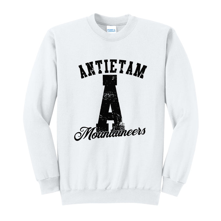 Antietam Mountaineers A Monogram crewneck sweatshirt in White: ANTIETAM arched over a distressed varsity A with Mountaineers script
