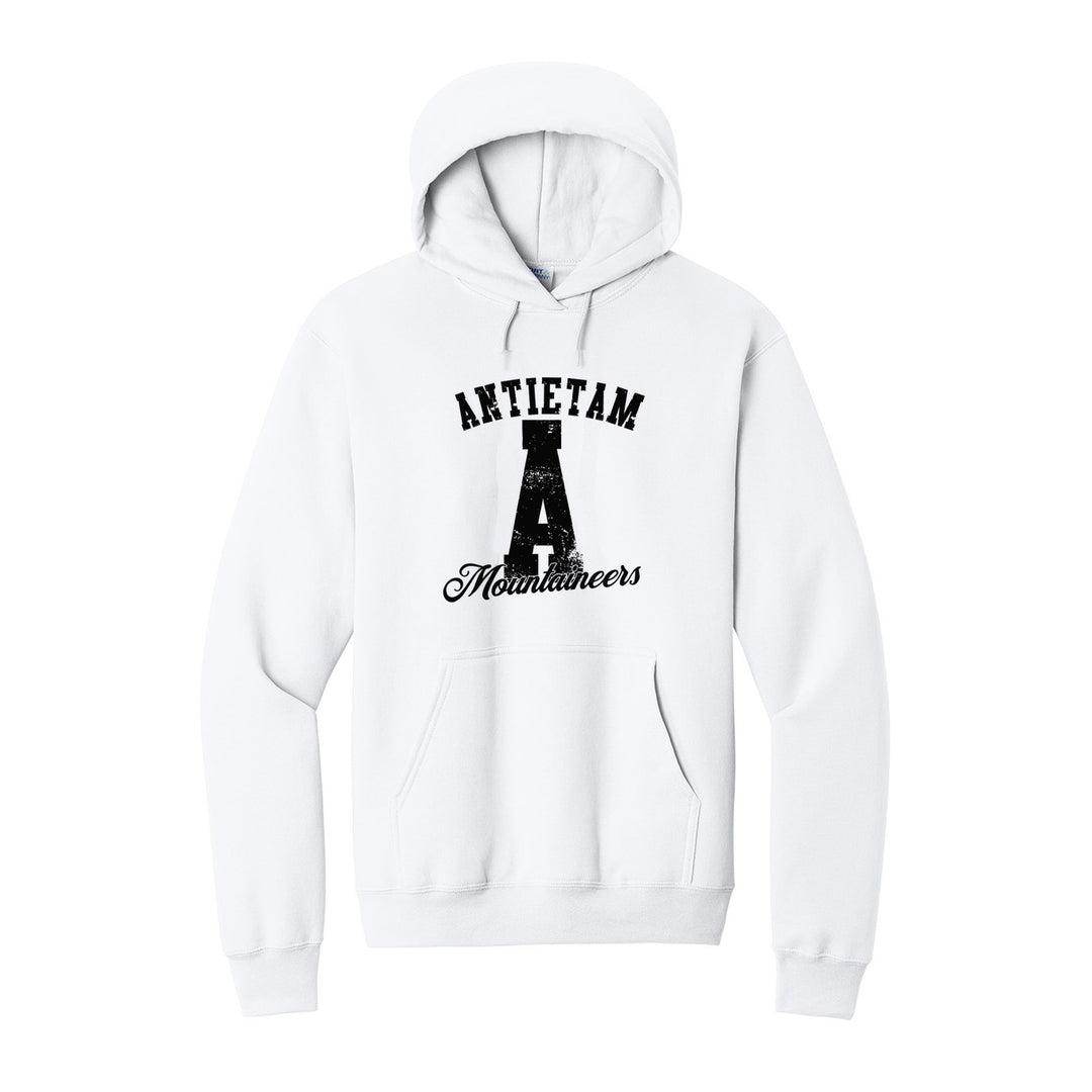 Antietam Mountaineers A Monogram hoodie in White: ANTIETAM arched over a distressed varsity A with Mountaineers script