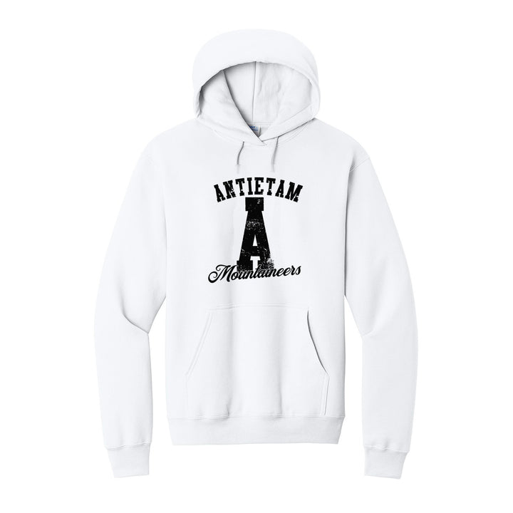 Antietam Mountaineers A Monogram hoodie in White: ANTIETAM arched over a distressed varsity A with Mountaineers script