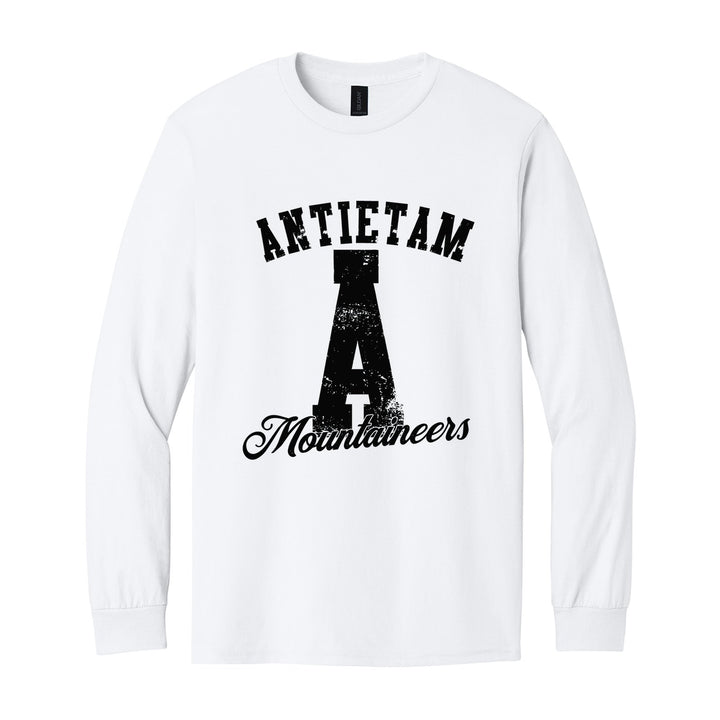 Antietam Mountaineers A Monogram long sleeve t-shirt in White: ANTIETAM arched over a distressed varsity A with Mountaineers script