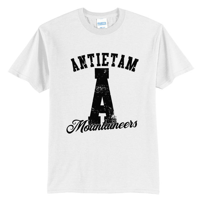 Antietam Mountaineers A Monogram t-shirt in White: ANTIETAM arched over a distressed varsity A with Mountaineers script