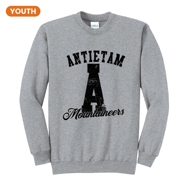 Antietam Mountaineers A Monogram youth crewneck sweatshirt in Athletic Heather: ANTIETAM arched over a distressed varsity A with Mountaineers script