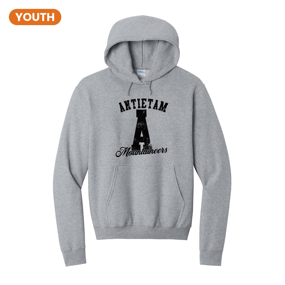 Antietam Mountaineers A Monogram youth hoodie in Athletic Heather: ANTIETAM arched over a distressed varsity A with Mountaineers script