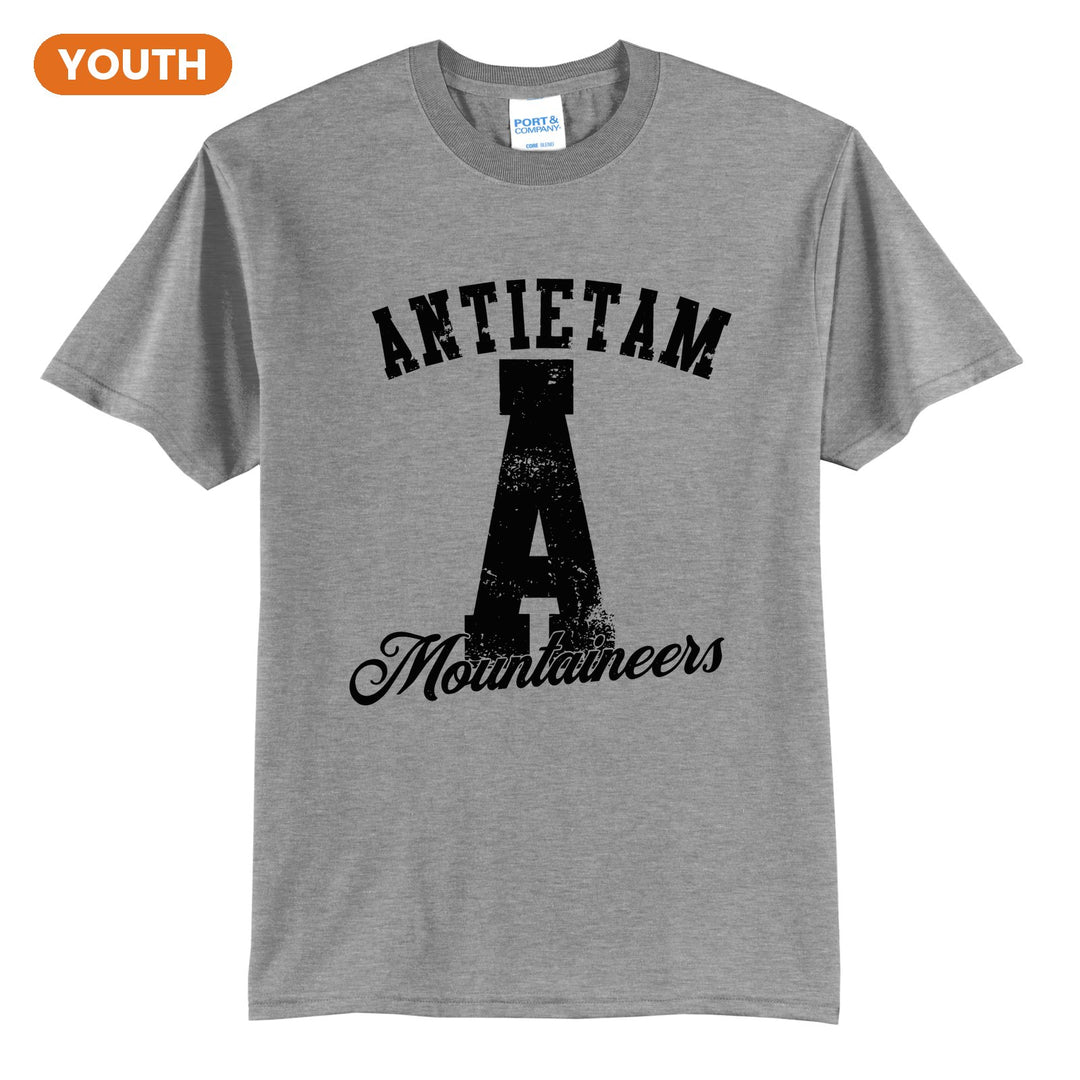 Antietam Mountaineers A Monogram youth t-shirt in Athletic Heather: ANTIETAM arched over a distressed varsity A with Mountaineers script