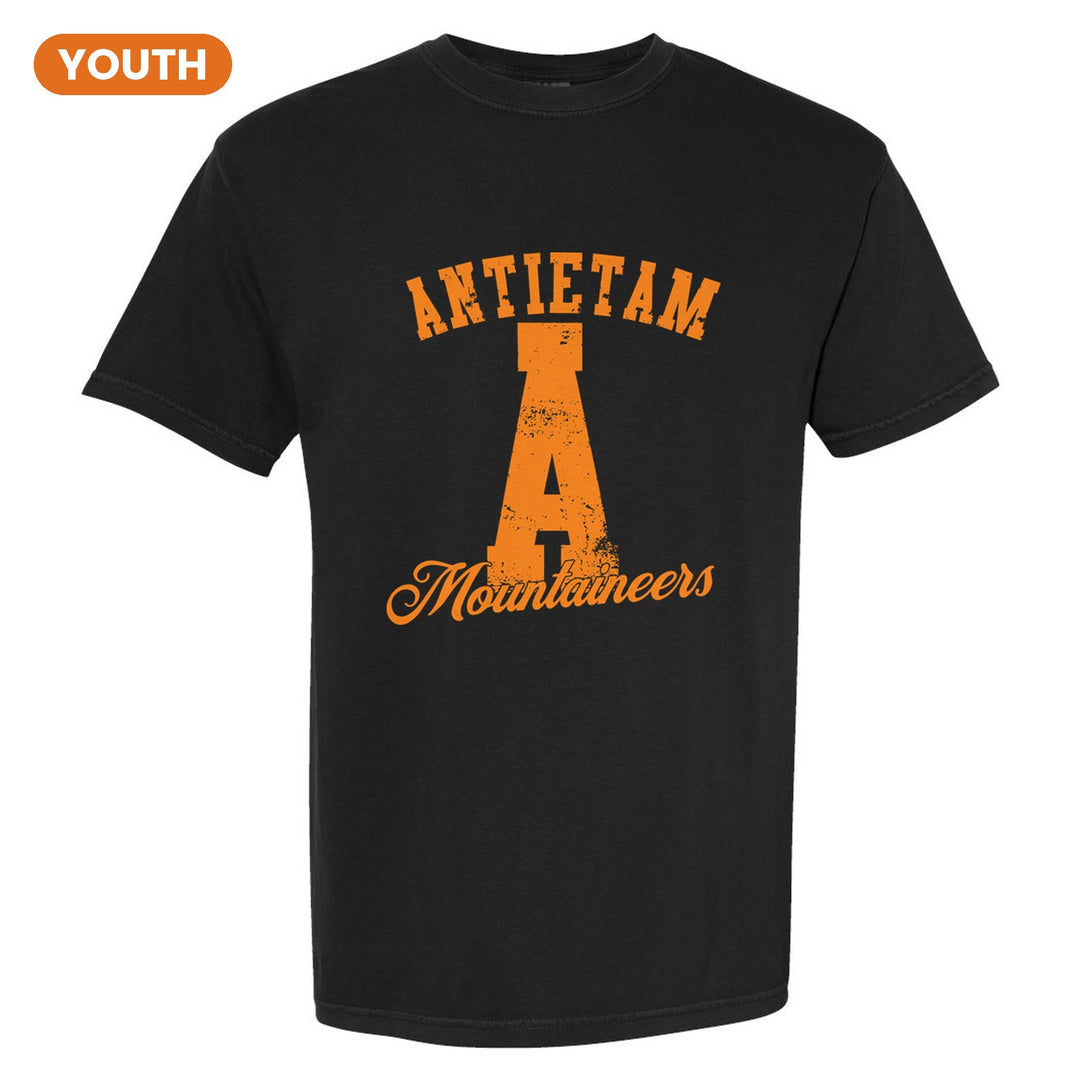 Antietam Mountaineers A Monogram youth comfort colors t-shirt in Black: ANTIETAM arched over a distressed varsity A with Mountaineers script