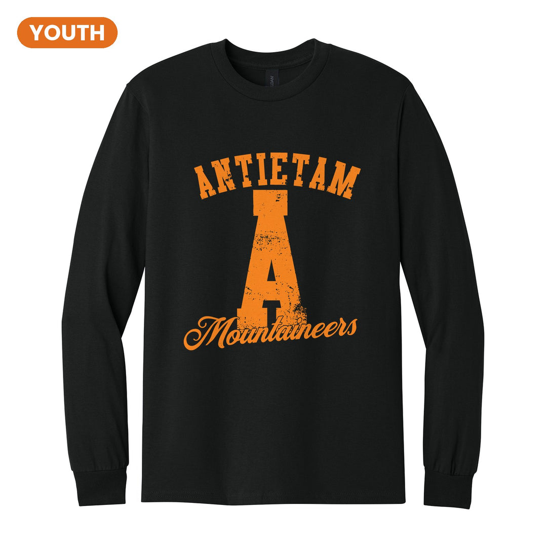 Antietam Mountaineers A Monogram youth long sleeve t-shirt in Black: ANTIETAM arched over a distressed varsity A with Mountaineers script
