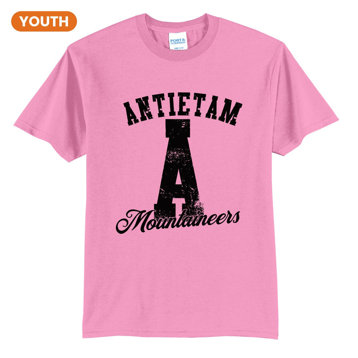 Antietam Mountaineers A Monogram youth t-shirt in Candy Pink: ANTIETAM arched over a distressed varsity A with Mountaineers script