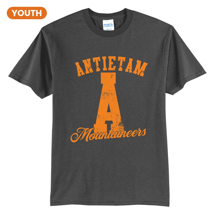 Antietam Mountaineers A Monogram youth t-shirt in Charcoal: ANTIETAM arched over a distressed varsity A with Mountaineers script