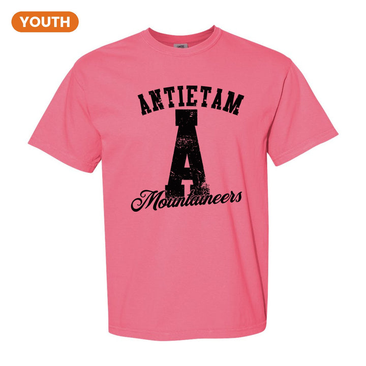 Antietam Mountaineers A Monogram youth comfort colors t-shirt in Crunchberry: ANTIETAM arched over a distressed varsity A with Mountaineers script