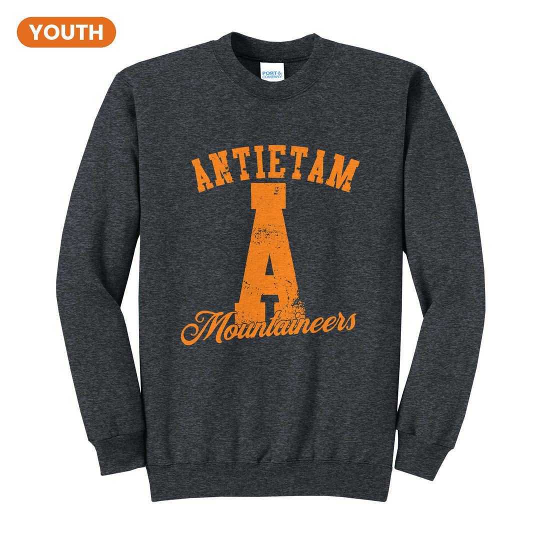 Antietam Mountaineers A Monogram youth crewneck sweatshirt in Dark Heather Grey: ANTIETAM arched over a distressed varsity A with Mountaineers script