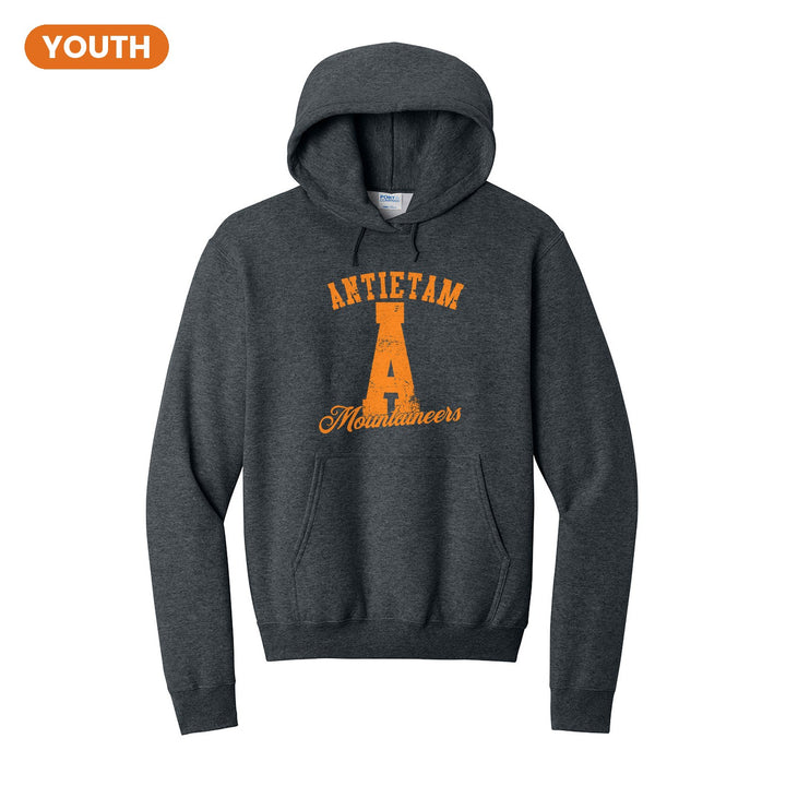Antietam Mountaineers A Monogram youth hoodie in Dark Heather Grey: ANTIETAM arched over a distressed varsity A with Mountaineers script