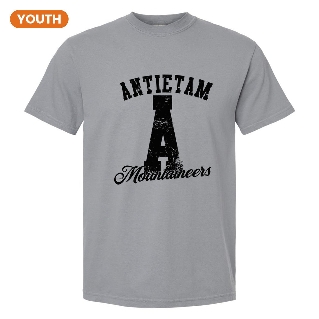 Antietam Mountaineers A Monogram youth comfort colors t-shirt in Granite: ANTIETAM arched over a distressed varsity A with Mountaineers script