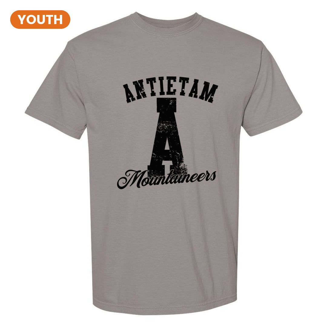 Antietam Mountaineers A Monogram youth comfort colors t-shirt in Grey: ANTIETAM arched over a distressed varsity A with Mountaineers script