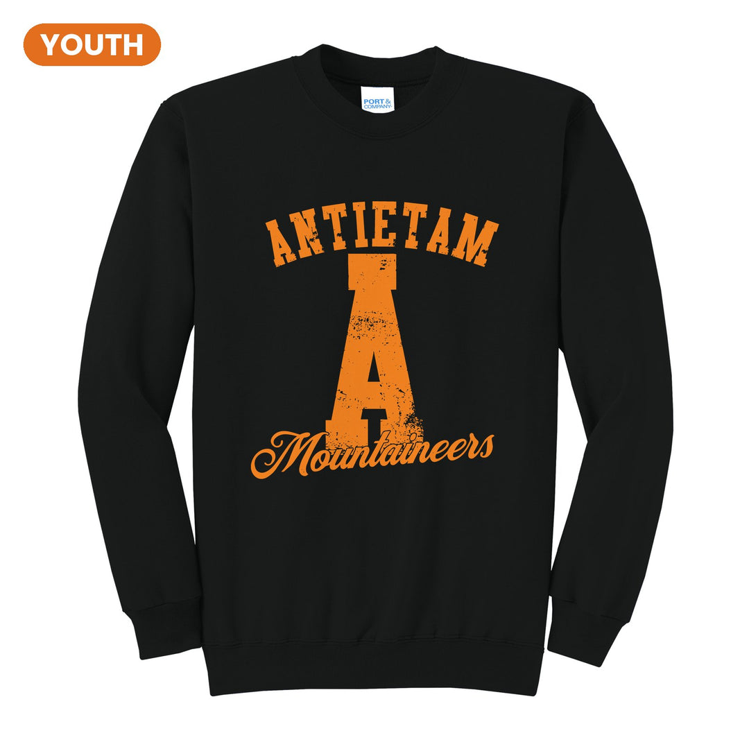 Antietam Mountaineers A Monogram youth crewneck sweatshirt in Jet Black: ANTIETAM arched over a distressed varsity A with Mountaineers script