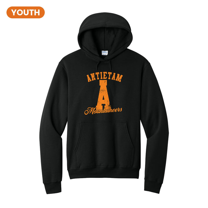 Antietam Mountaineers A Monogram youth hoodie in Jet Black: ANTIETAM arched over a distressed varsity A with Mountaineers script