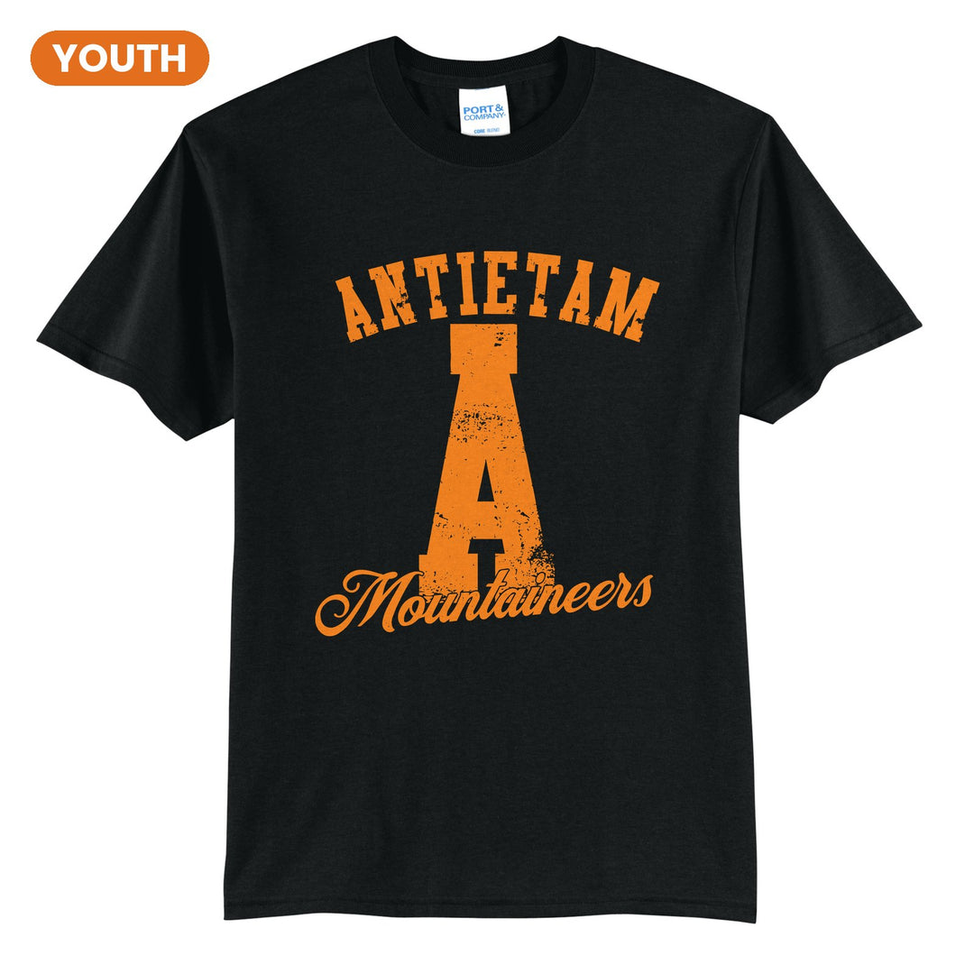 Antietam Mountaineers A Monogram youth t-shirt in Jet Black: ANTIETAM arched over a distressed varsity A with Mountaineers script