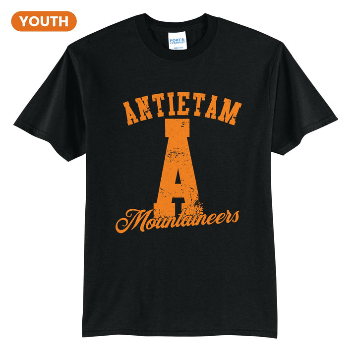 Antietam Mountaineers A Monogram youth t-shirt in Jet Black: ANTIETAM arched over a distressed varsity A with Mountaineers script