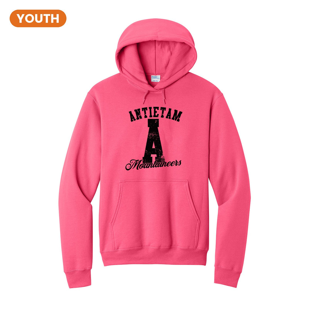 Antietam Mountaineers A Monogram youth hoodie in Neon Pink: ANTIETAM arched over a distressed varsity A with Mountaineers script
