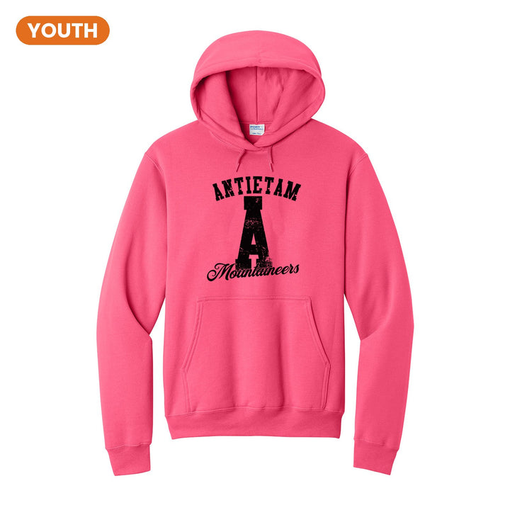 Antietam Mountaineers A Monogram youth hoodie in Neon Pink: ANTIETAM arched over a distressed varsity A with Mountaineers script