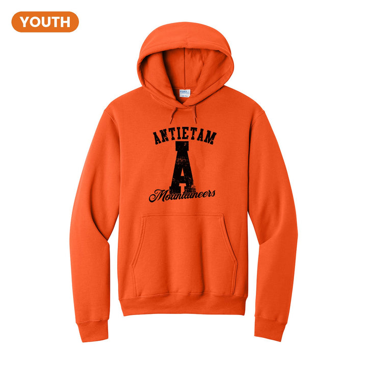 Antietam Mountaineers A Monogram youth hoodie in Orange: ANTIETAM arched over a distressed varsity A with Mountaineers script