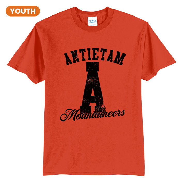 Antietam Mountaineers A Monogram youth t-shirt in Orange: ANTIETAM arched over a distressed varsity A with Mountaineers script