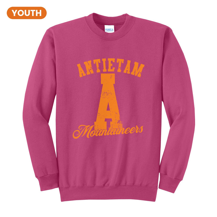 Antietam Mountaineers A Monogram youth crewneck sweatshirt in Sangria: ANTIETAM arched over a distressed varsity A with Mountaineers script