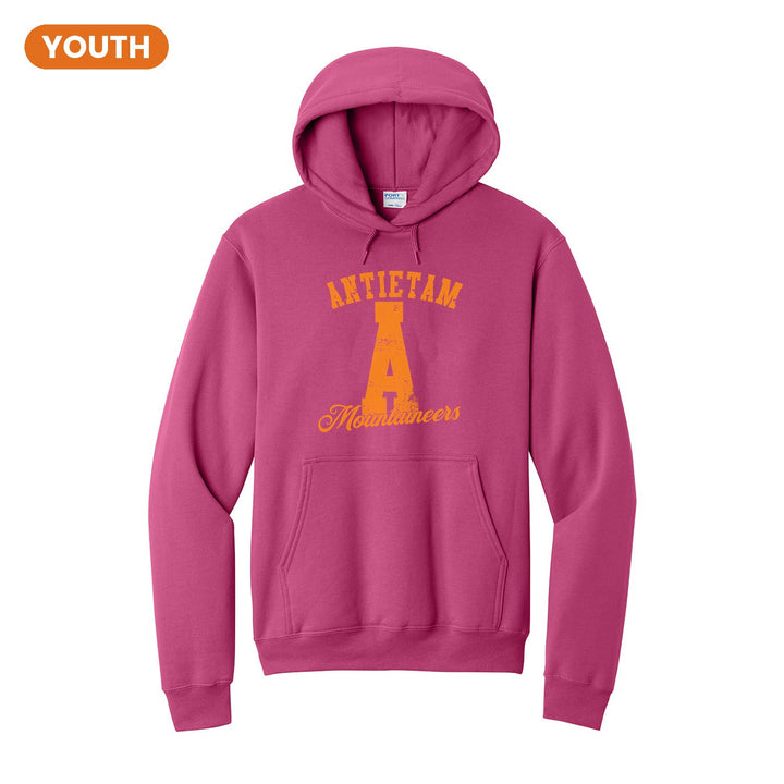 Antietam Mountaineers A Monogram youth hoodie in Sangria: ANTIETAM arched over a distressed varsity A with Mountaineers script