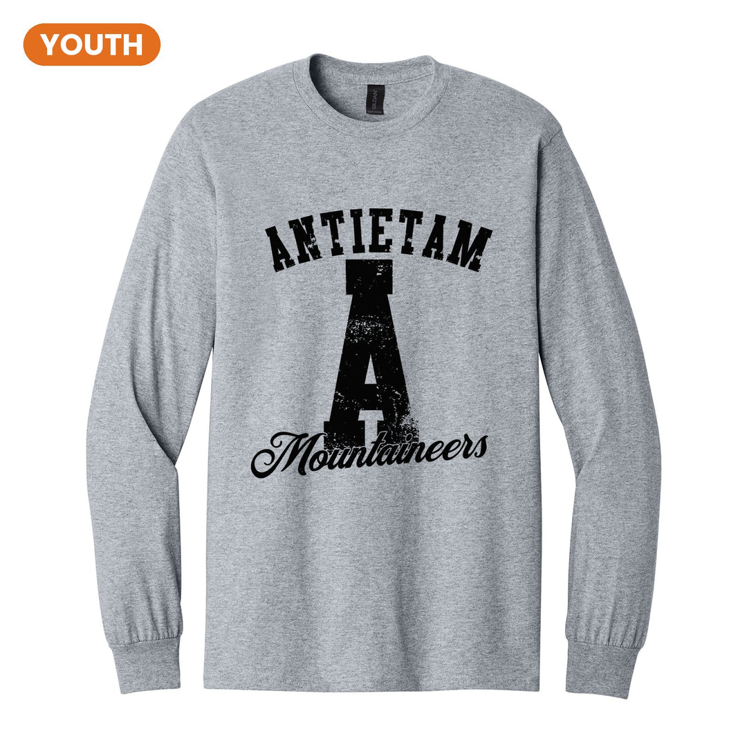 Antietam Mountaineers A Monogram youth long sleeve t-shirt in Sport Grey: ANTIETAM arched over a distressed varsity A with Mountaineers script