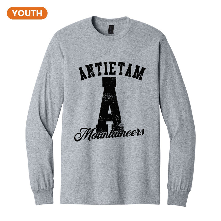 Antietam Mountaineers A Monogram youth long sleeve t-shirt in Sport Grey: ANTIETAM arched over a distressed varsity A with Mountaineers script