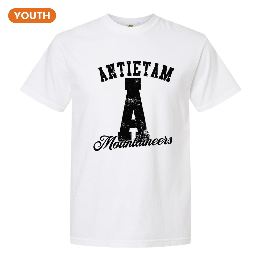 Antietam Mountaineers A Monogram youth comfort colors t-shirt in White: ANTIETAM arched over a distressed varsity A with Mountaineers script