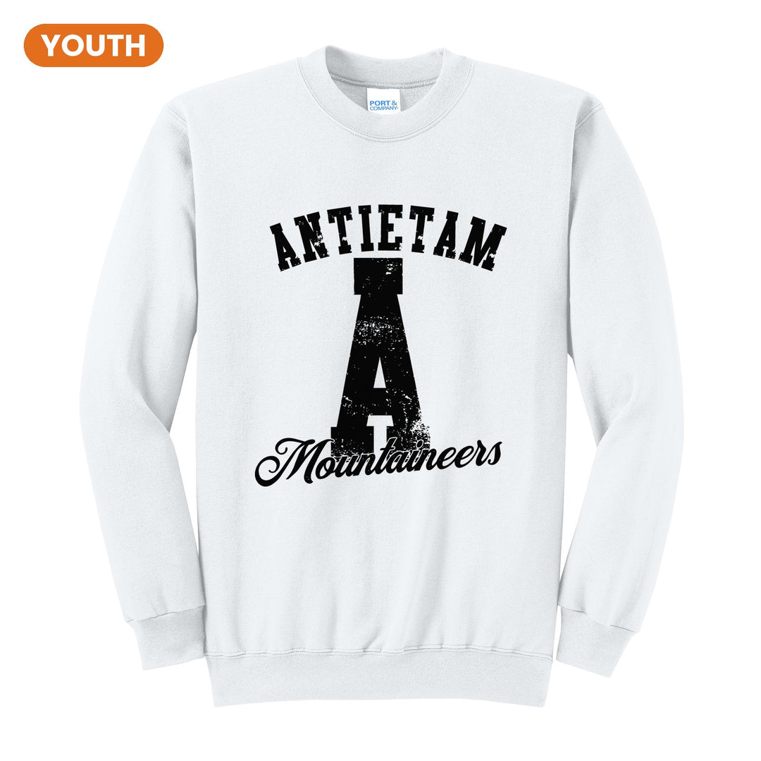 Antietam Mountaineers A Monogram youth crewneck sweatshirt in White: ANTIETAM arched over a distressed varsity A with Mountaineers script
