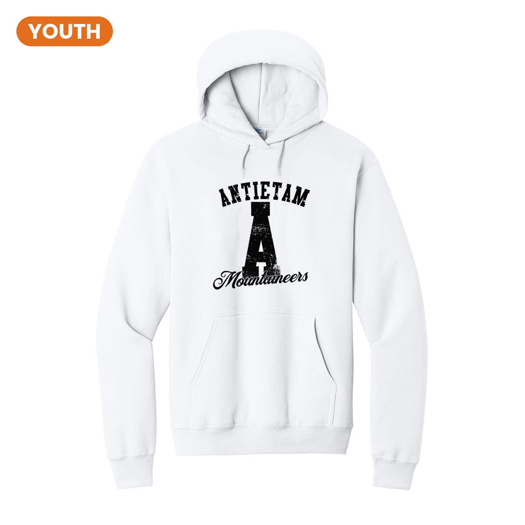 Antietam Mountaineers A Monogram youth hoodie in White: ANTIETAM arched over a distressed varsity A with Mountaineers script