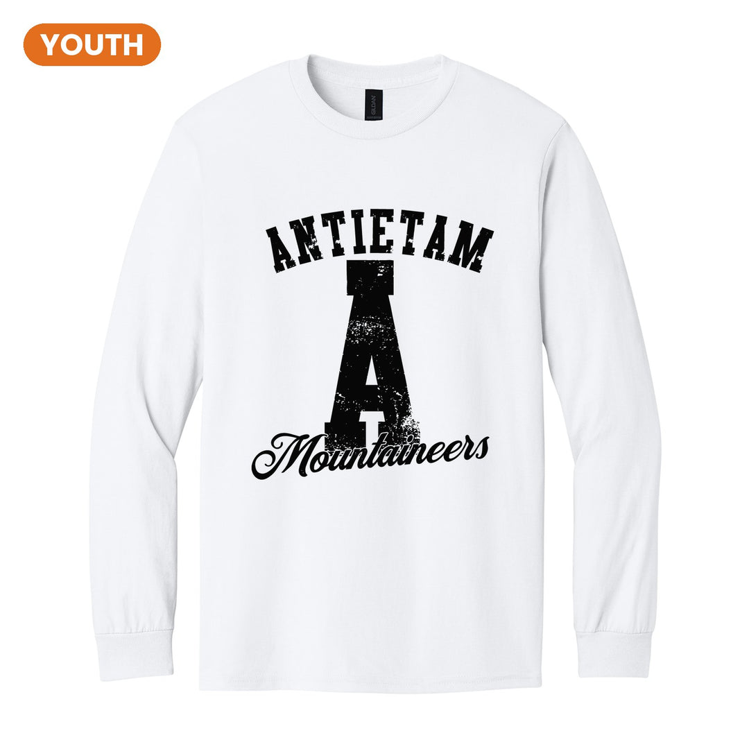 Antietam Mountaineers A Monogram youth long sleeve t-shirt in White: ANTIETAM arched over a distressed varsity A with Mountaineers script