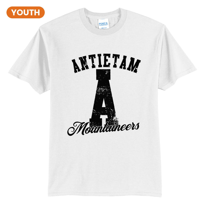 Antietam Mountaineers A Monogram youth t-shirt in White: ANTIETAM arched over a distressed varsity A with Mountaineers script