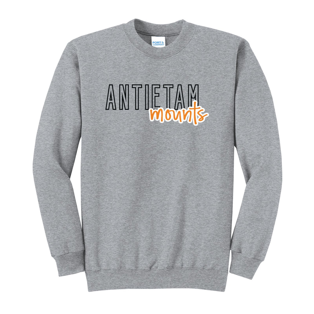 Antietam Mountaineers Outline Script crewneck sweatshirt in Athletic Heather: outlined ANTIETAM letters with mounts script across the front